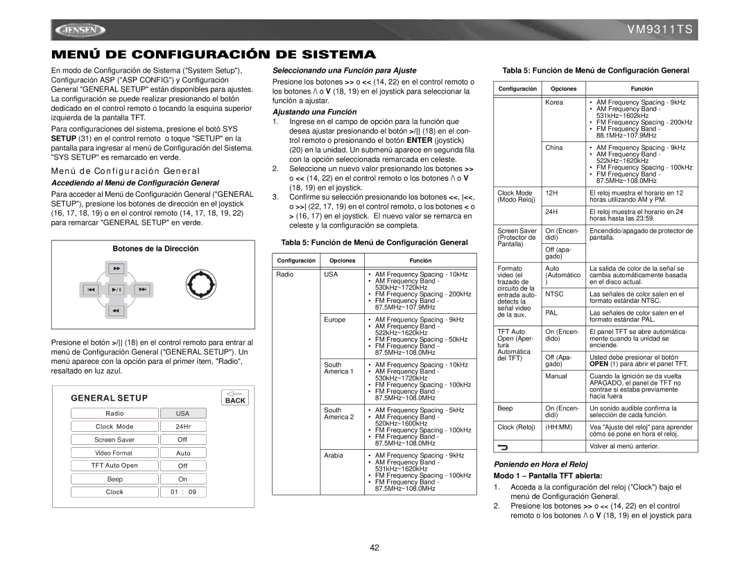 Jensen vm9311ts instruction manual Menú DE Configuración DE Sistema, Menú de Configuración General 