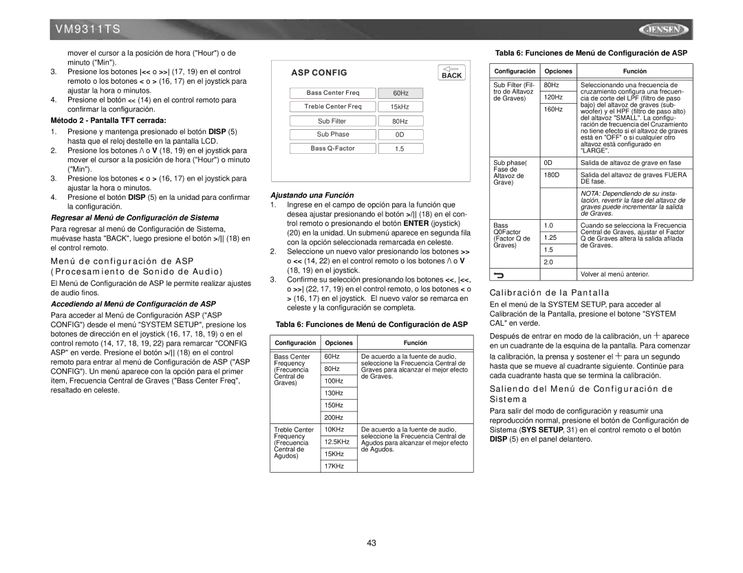 Jensen vm9311ts instruction manual Calibración de la Pantalla, Saliendo del Menú de Configuración de Sistema 