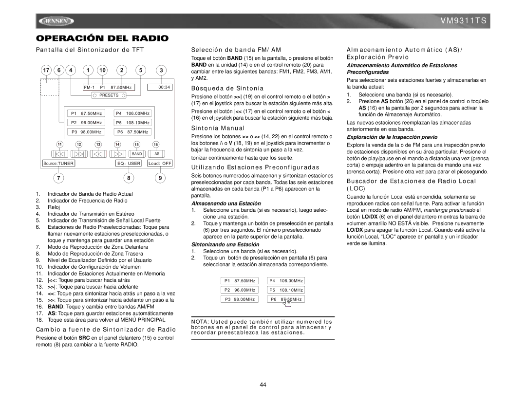 Jensen vm9311ts instruction manual Operación DEL Radio 