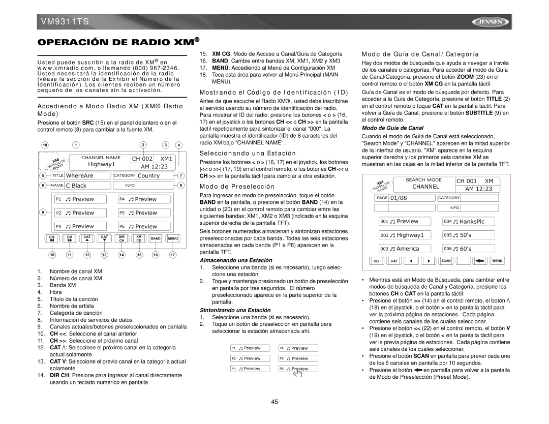 Jensen vm9311ts instruction manual Operación DE Radio XM 