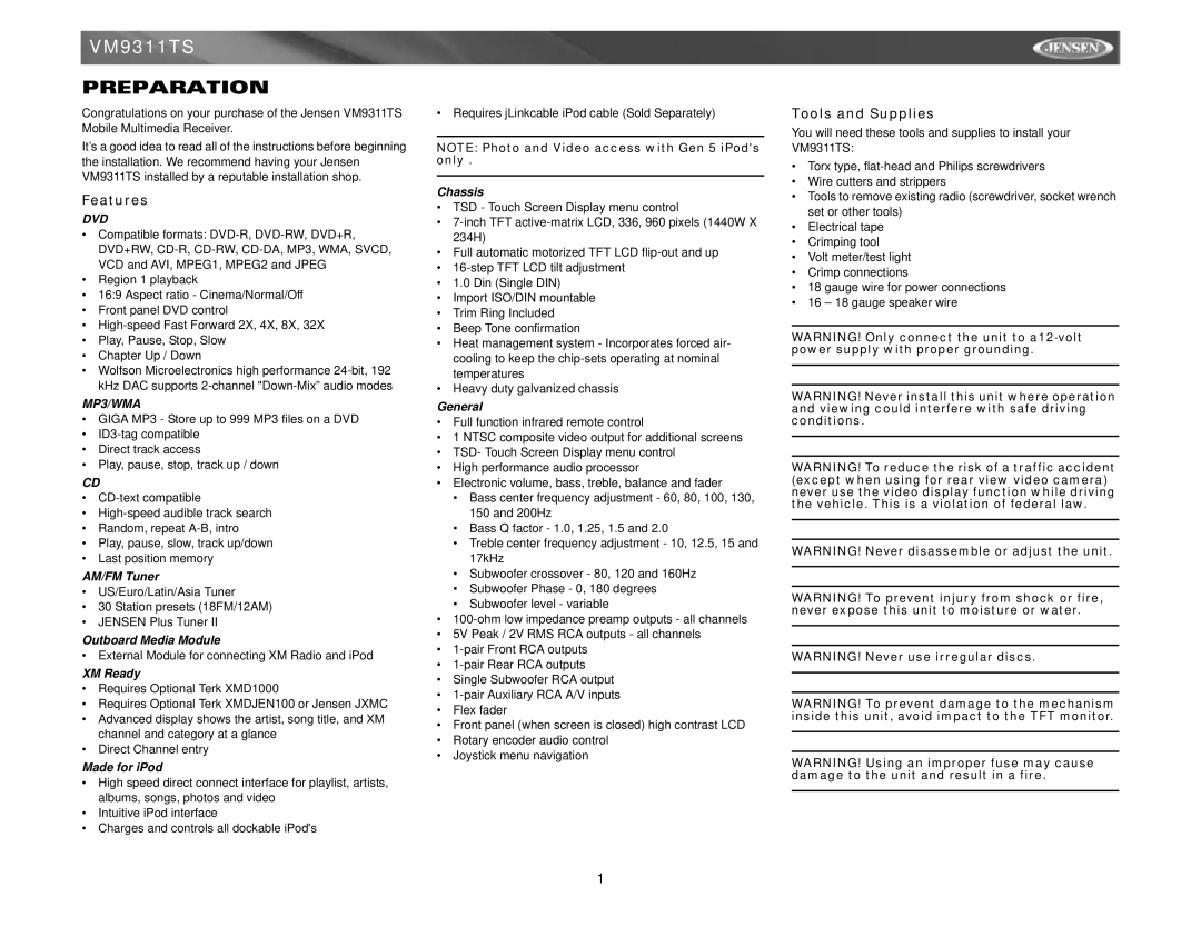 Jensen vm9311ts instruction manual Preparation, Features, Tools and Supplies 