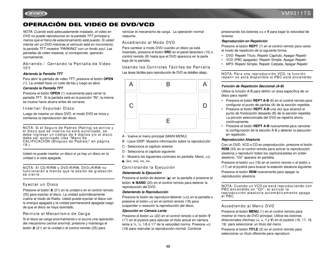 Jensen vm9311ts instruction manual Operación DEL Video DE DVD/VCD 