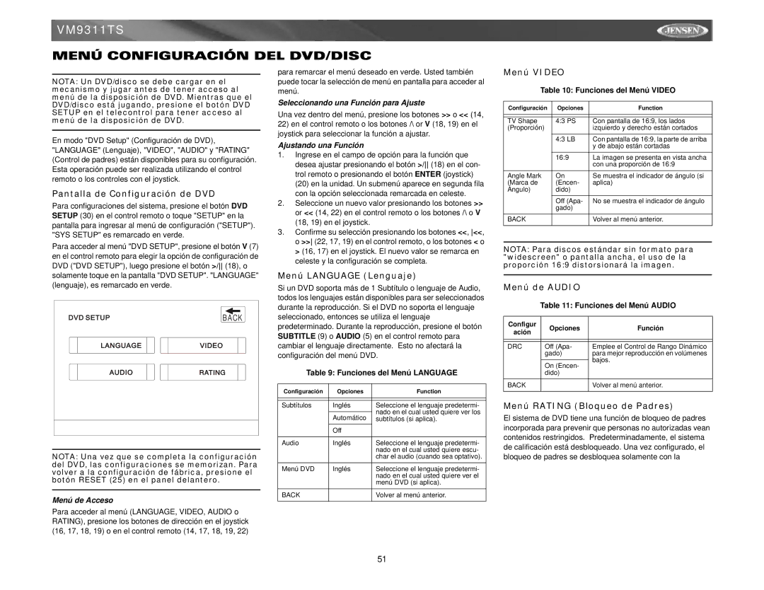 Jensen vm9311ts instruction manual Menú Configuración DEL DVD/DISC 