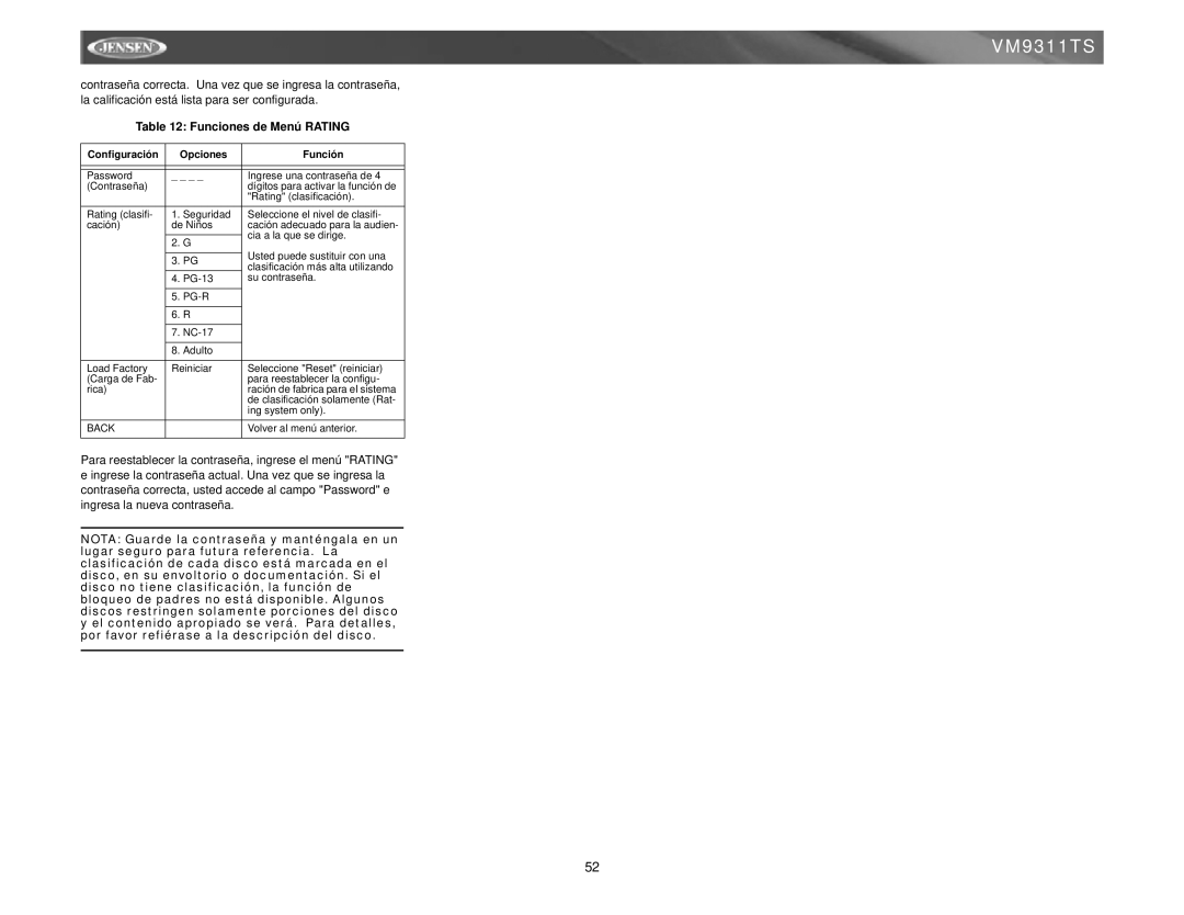 Jensen vm9311ts instruction manual Funciones de Menú Rating, Configuración Opciones Función 