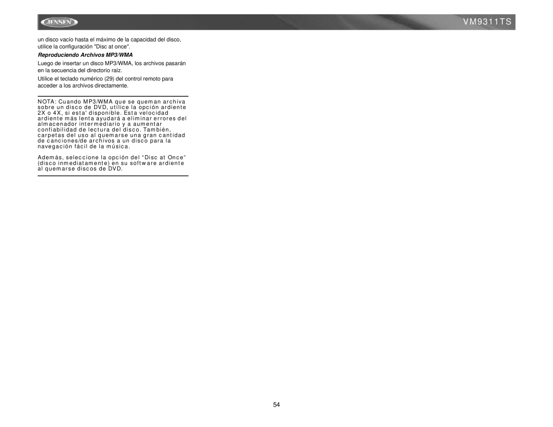 Jensen vm9311ts instruction manual Reproduciendo Archivos MP3/WMA 