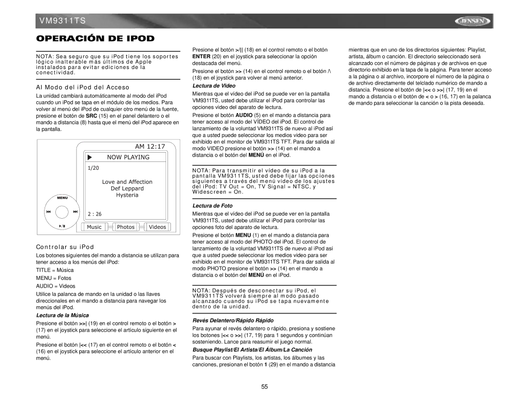 Jensen vm9311ts instruction manual Operación DE Ipod, Al Modo del iPod del Acceso, Controlar su iPod 