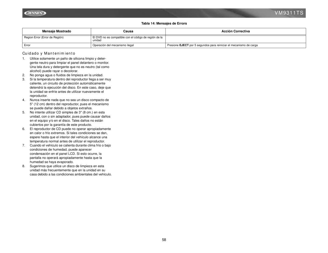 Jensen vm9311ts instruction manual Cuidado y Mantenimiento 