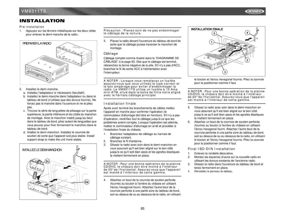 Jensen vm9311ts instruction manual Câblage, Installation finale 