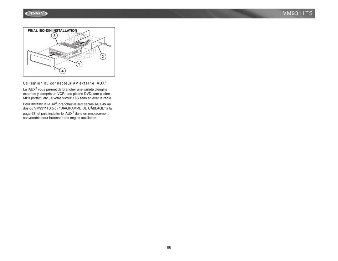 Jensen vm9311ts instruction manual Utilisation du connecteur AV externe iAUX3 