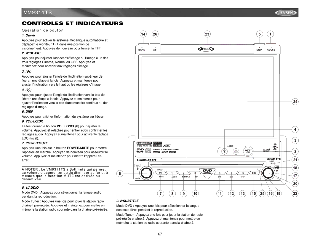 Jensen vm9311ts instruction manual Controles ET Indicateurs, Opération de bouton, Ouvrir 