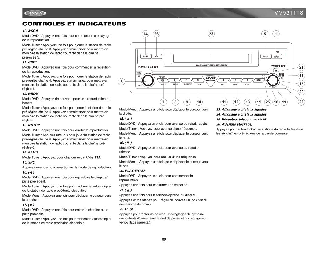 Jensen vm9311ts instruction manual Mode DVD Appuyez de nouveau pour une reproduction au hasard 