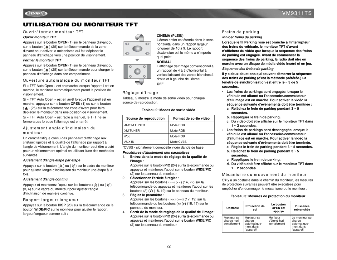 Jensen vm9311ts instruction manual Utilisation DU Moniteur TFT 