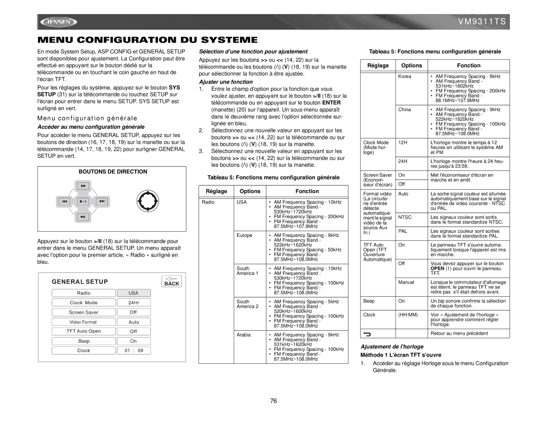 Jensen vm9311ts instruction manual Menu Configuration DU Systeme, Menu configuration générale 