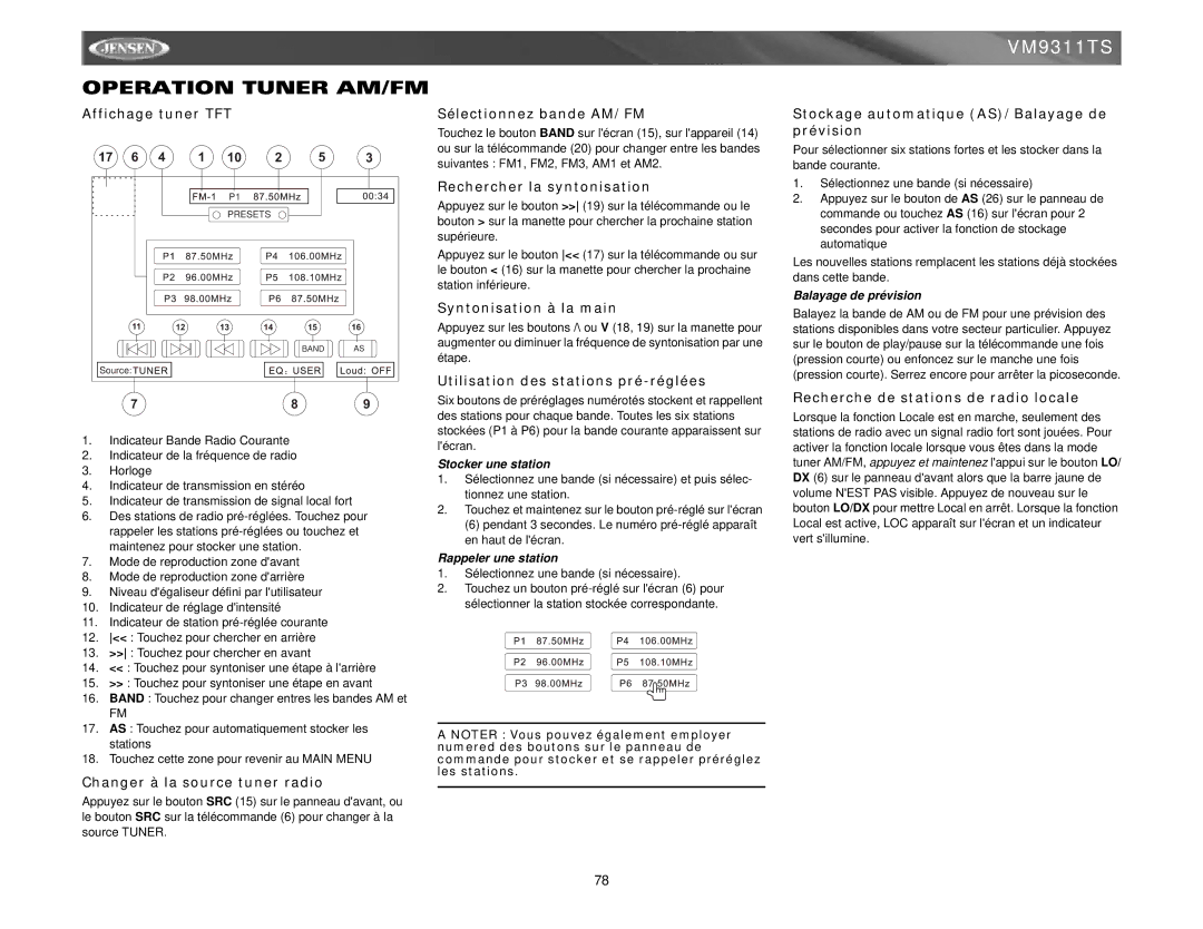 Jensen vm9311ts instruction manual Operation Tuner AM/FM 