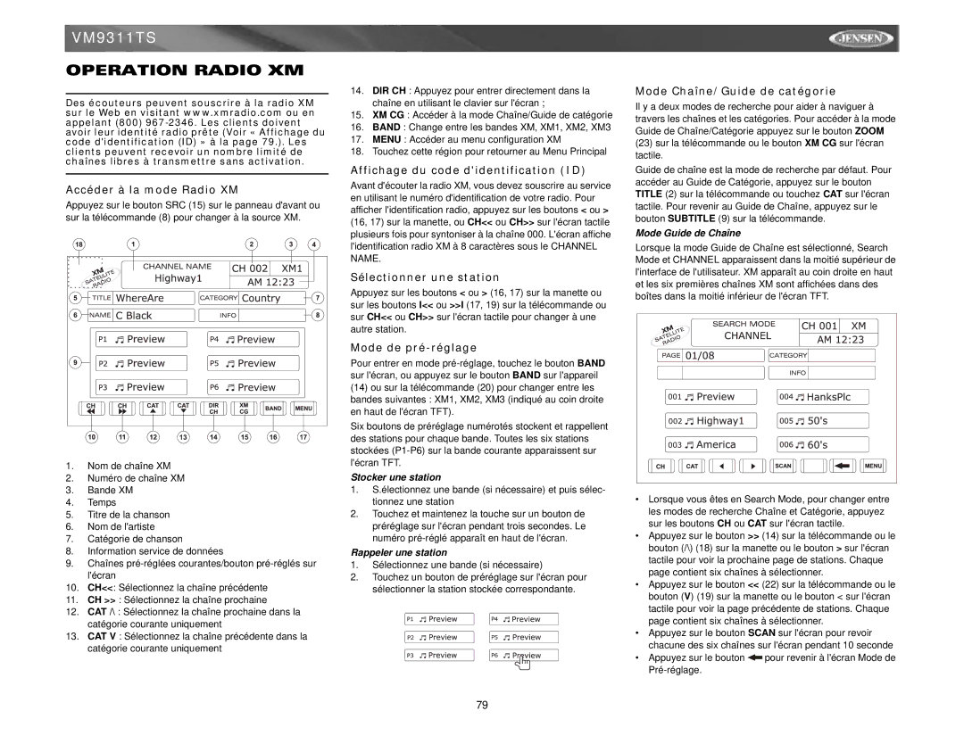 Jensen vm9311ts instruction manual Operation Radio XM 