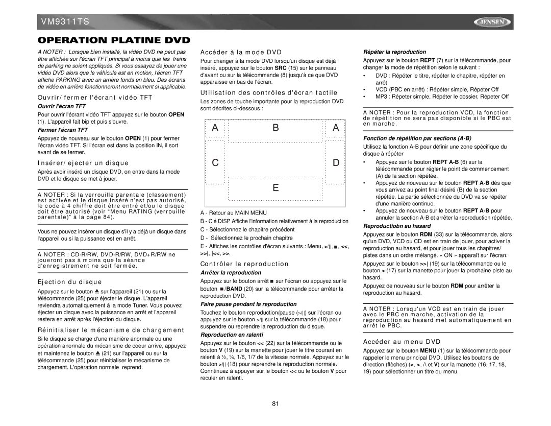 Jensen vm9311ts instruction manual Operation Platine DVD 