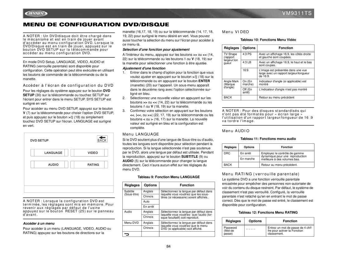 Jensen vm9311ts instruction manual Menu DE Configuration DVD/DISQUE 