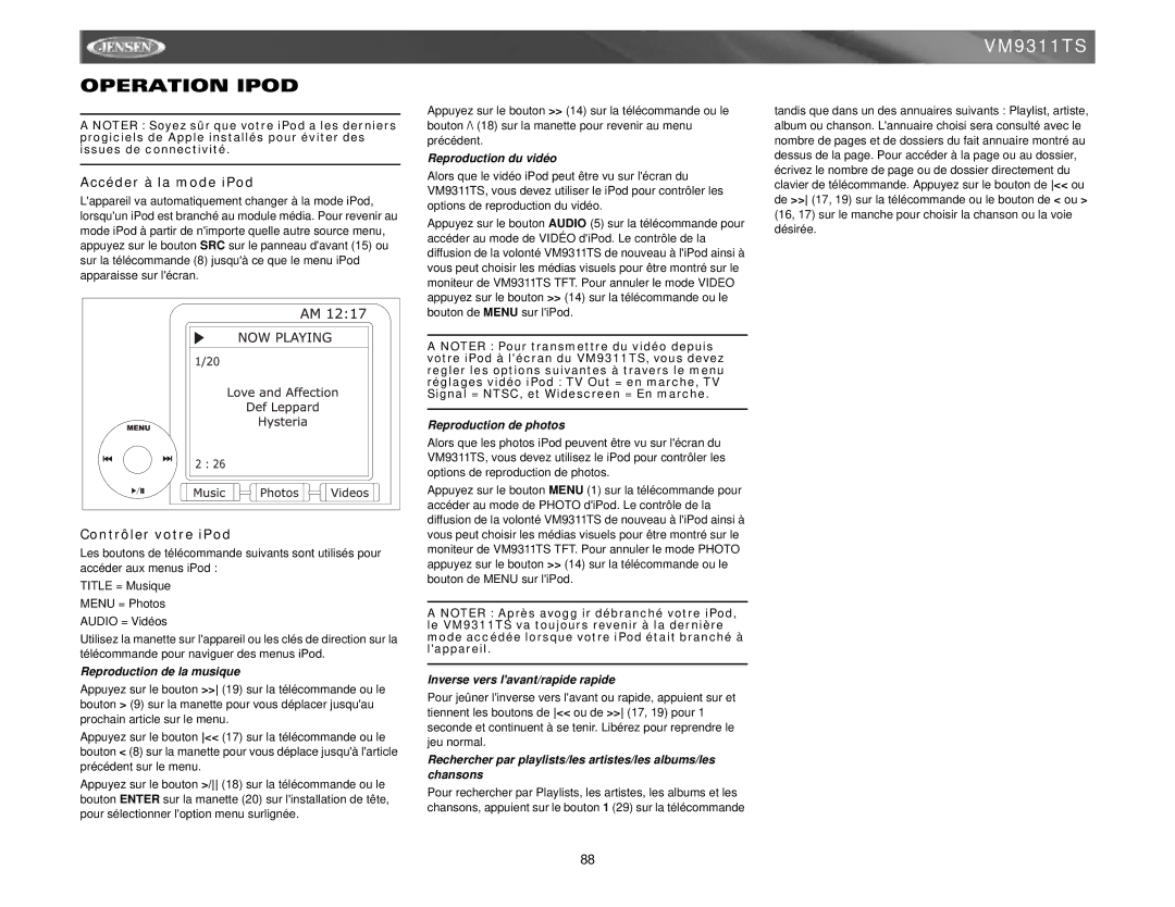 Jensen vm9311ts instruction manual Operation Ipod, Accéder à la mode iPod, Contrôler votre iPod 