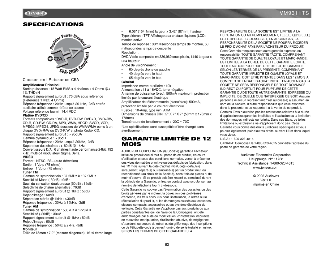 Jensen vm9311ts instruction manual Garantie Limitée DE 12 Mois, Classement Puissance CEA, Vidéo 