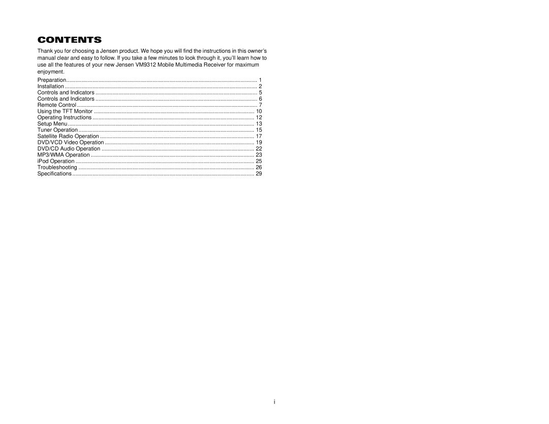 Jensen VM9312 instruction manual Contents 