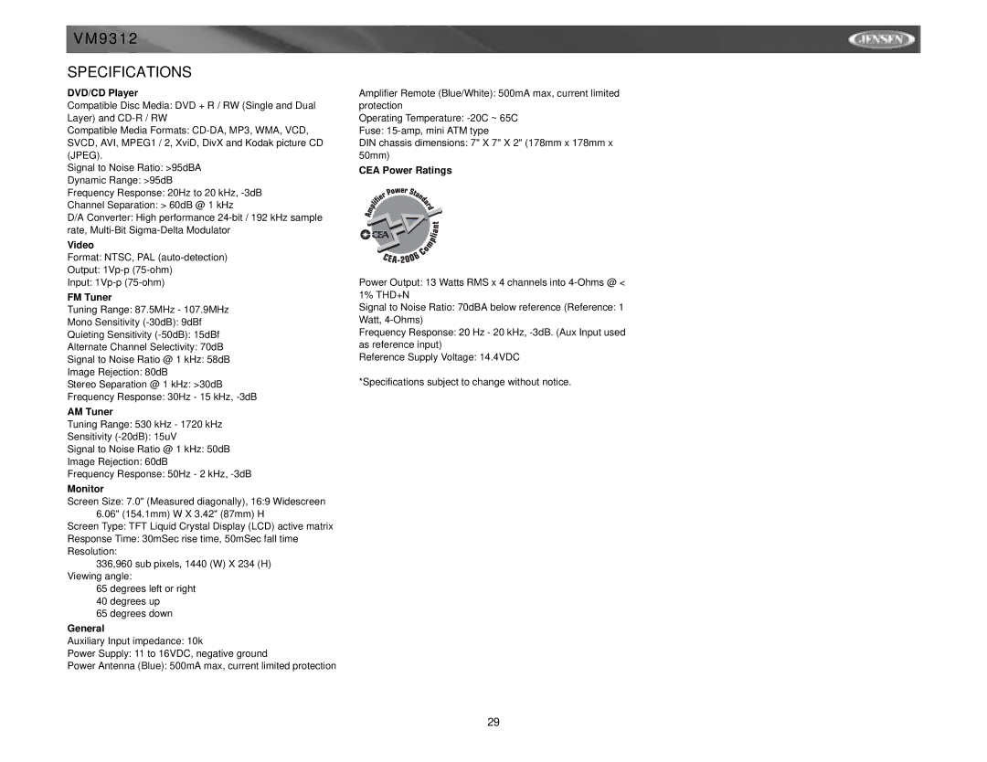 Jensen VM9312 instruction manual Specifications 