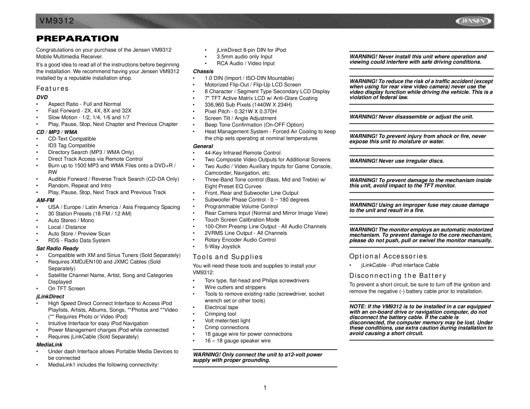 Jensen VM9312 instruction manual Preparation, Features, Tools and Supplies, Optional Accessories, Disconnecting the Battery 