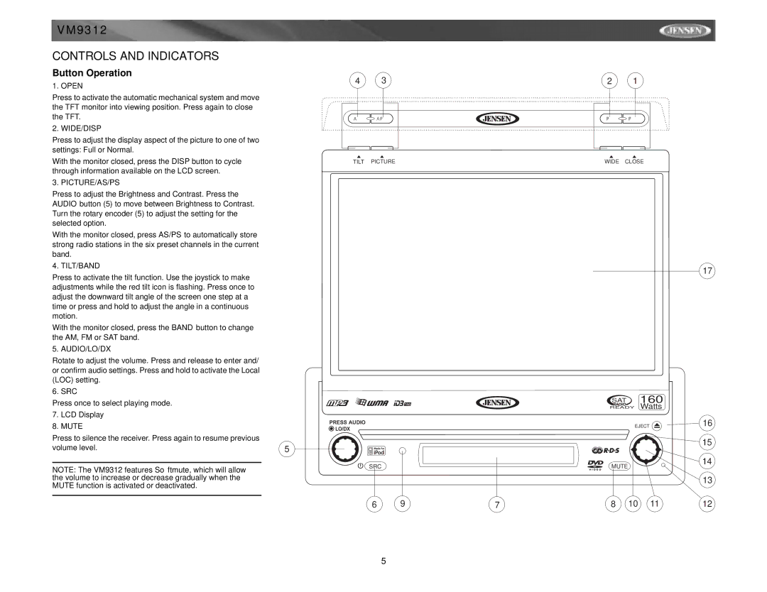 Jensen VM9312 instruction manual Controls and Indicators, Button Operation, Src, LCD Display 