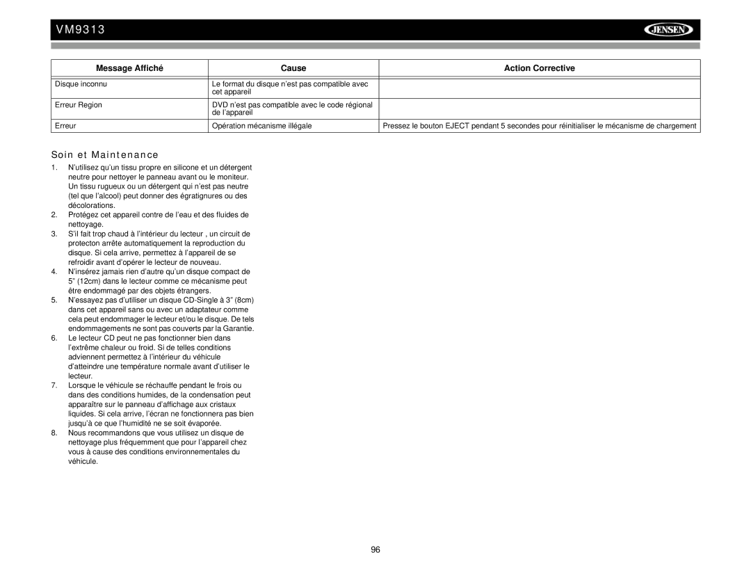 Jensen VM9313 operation manual Soin et Maintenance 