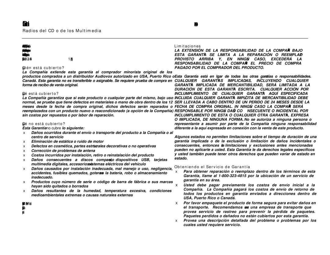 Jensen VM9313 operation manual Garantía Limitada, No Retorne Este Producto a LA Tienda 