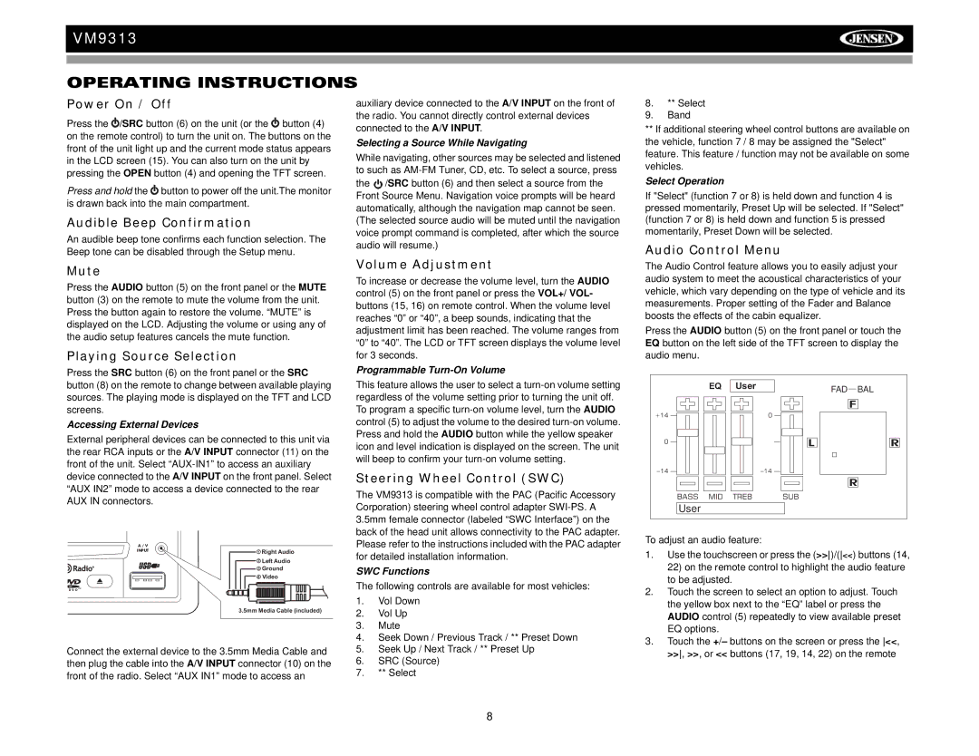 Jensen VM9313 operation manual Operating Instructions 