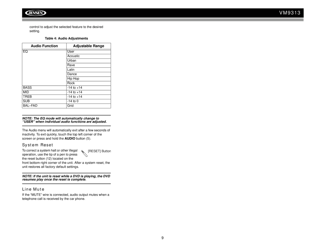 Jensen VM9313 operation manual System Reset, Line Mute, Audio Function Adjustable Range, Audio Adjustments 