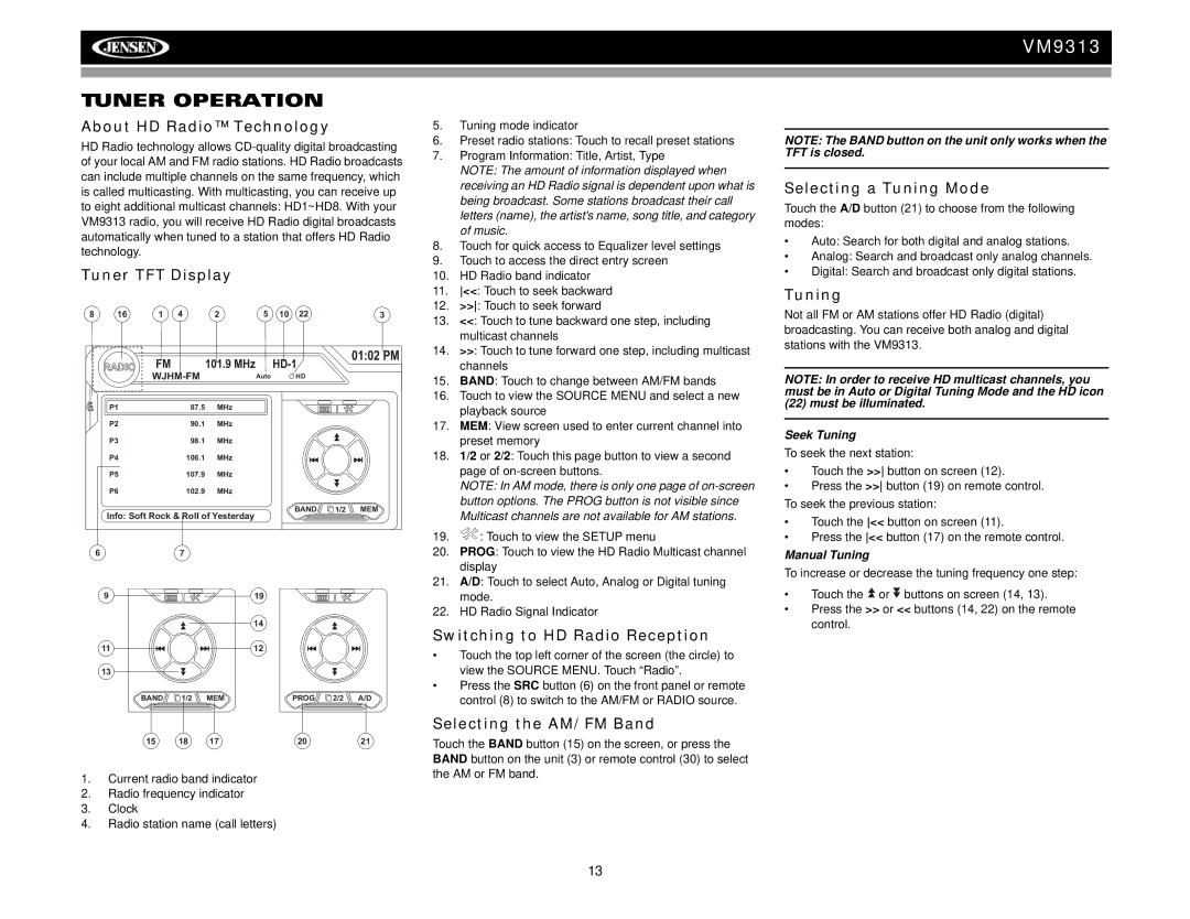 Jensen VM9313 operation manual Tuner Operation 