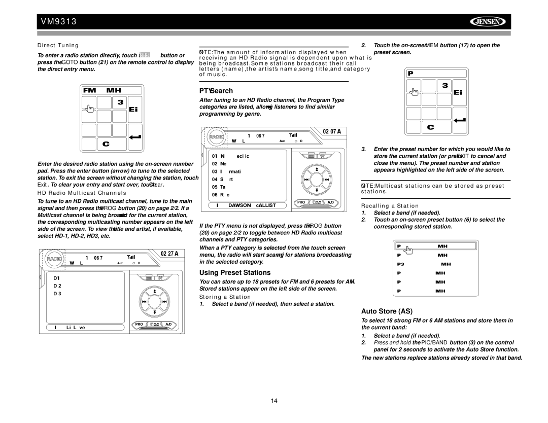 Jensen VM9313 operation manual PTY Search, Using Preset Stations, Auto Store AS 