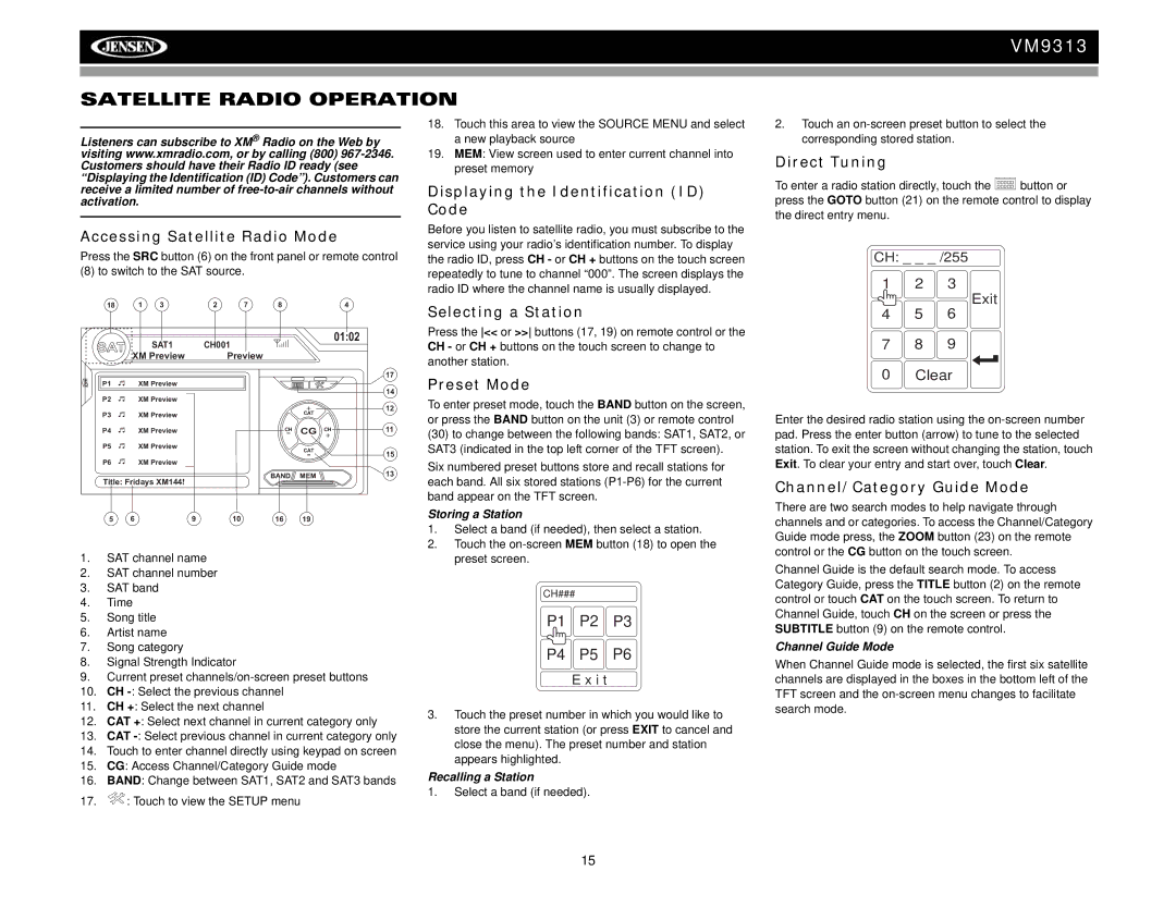 Jensen VM9313 operation manual Satellite Radio Operation 