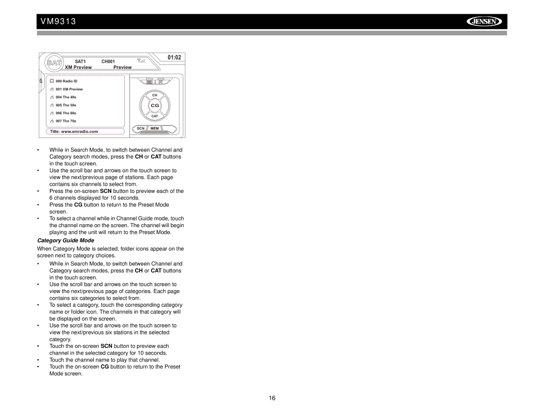 Jensen VM9313 operation manual Sat, Category Guide Mode 