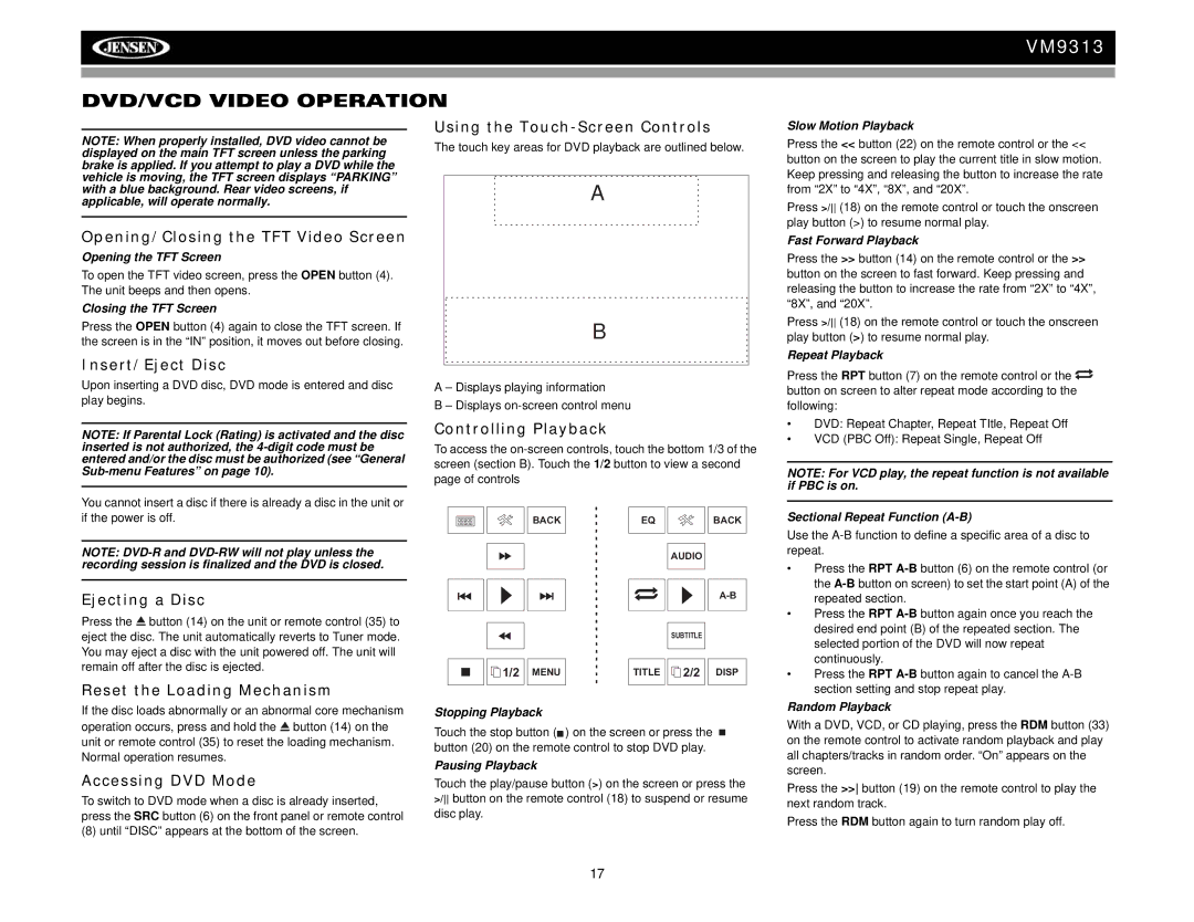 Jensen VM9313 operation manual DVD/VCD Video Operation 