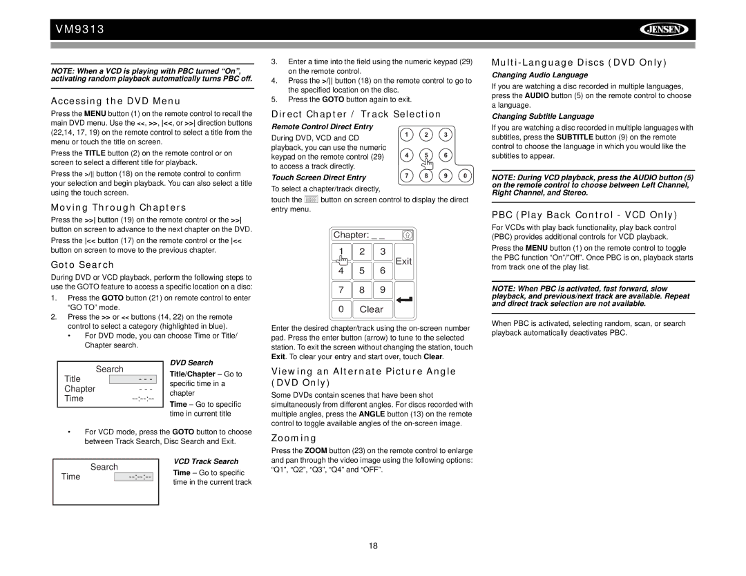 Jensen VM9313 Accessing the DVD Menu, Moving Through Chapters, Goto Search, Direct Chapter / Track Selection, Zooming 