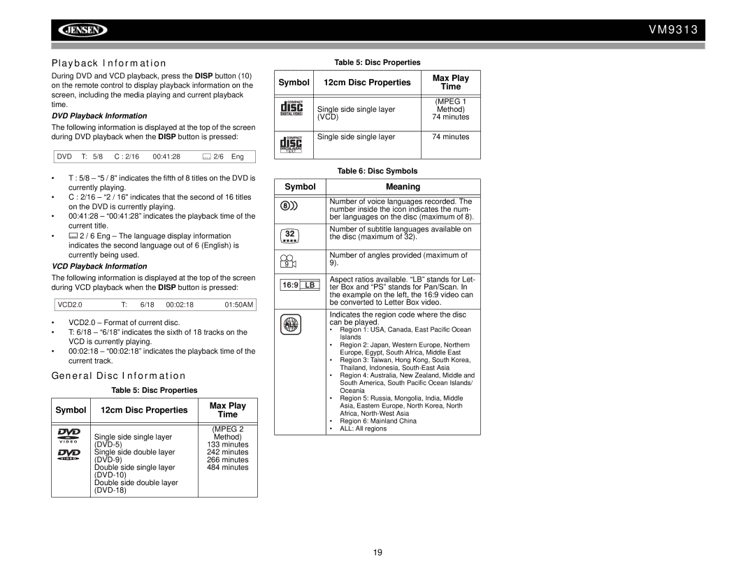 Jensen VM9313 Playback Information, General Disc Information, Symbol 12cm Disc Properties Max Play Time, Symbol Meaning 