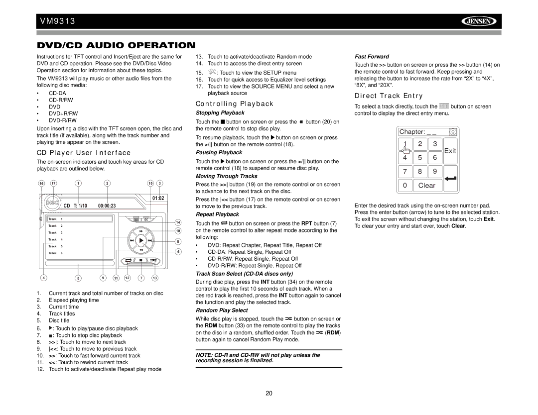 Jensen VM9313 operation manual DVD/CD Audio Operation, CD Player User Interface, Direct Track Entry 