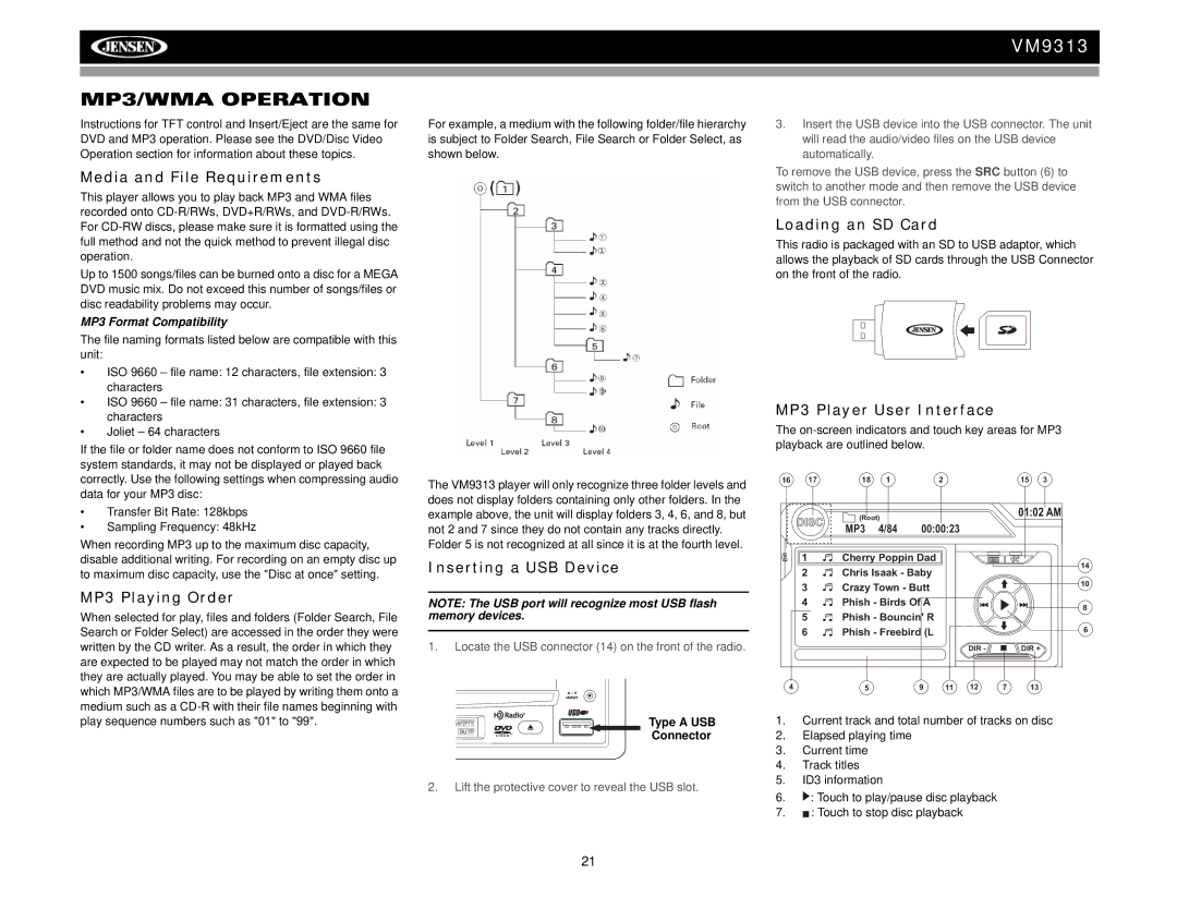 Jensen VM9313 operation manual MP3/WMA Operation 