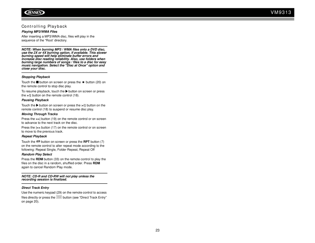 Jensen VM9313 operation manual Playing MP3/WMA Files, Direct Track Entry 