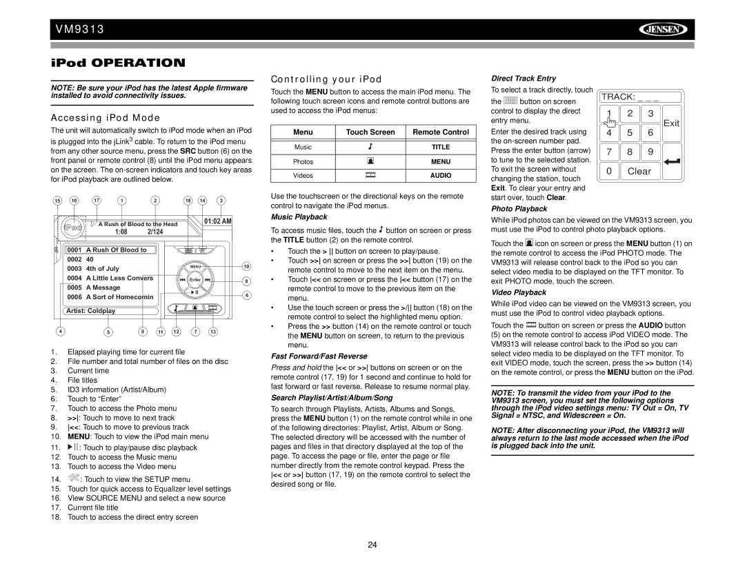 Jensen VM9313 operation manual Accessing iPod Mode, Controlling your iPod, IPod 