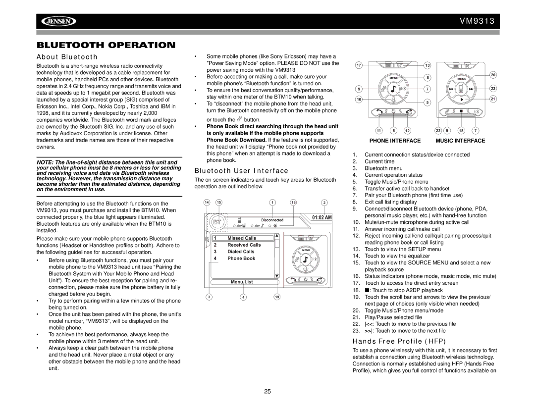 Jensen VM9313 operation manual Bluetooth Operation, About Bluetooth, Bluetooth User Interface, Hands Free Profile HFP 