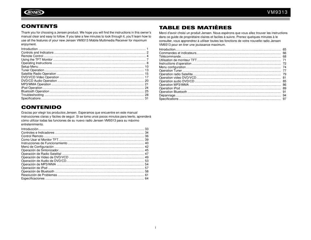 Jensen VM9313 operation manual Contents, Contenido, Table DES Matières 