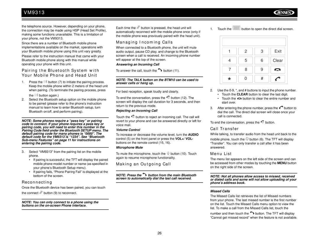 Jensen VM9313 operation manual Reconnecting, Managing Incoming Calls, Making an Outgoing Call, Call Transfer, Menu List 