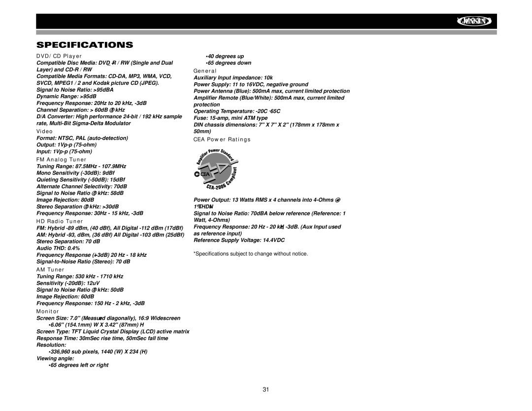 Jensen VM9313 operation manual Specifications 