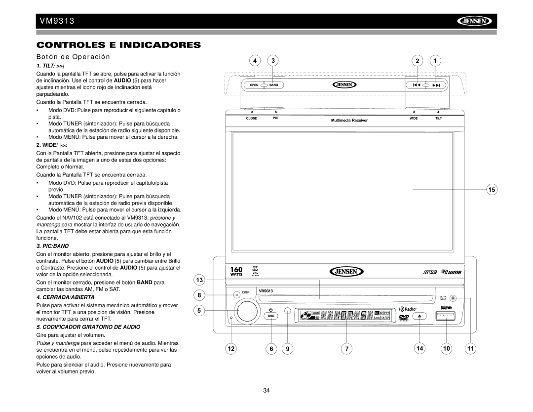 Jensen VM9313 Controles E Indicadores, Botón de Operación, Codificador Giratorio DE Audio Gire para ajustar el volumen 