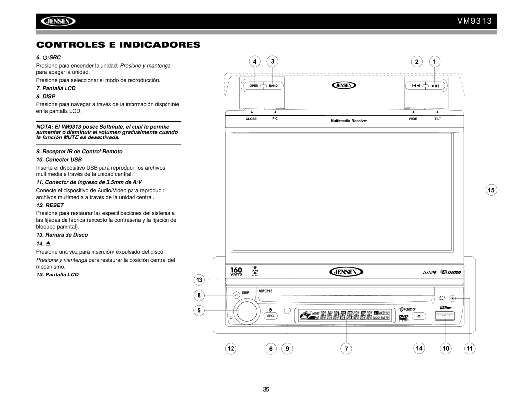 Jensen VM9313 operation manual Pantalla LCD, Conector de Ingreso de 3.5mm de A/V, Ranura de Disco 