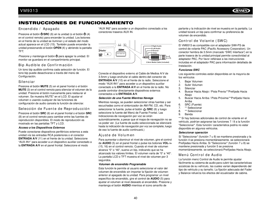 Jensen VM9313 operation manual Instrucciones DE Funcionamiento 