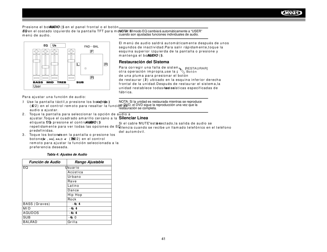 Jensen VM9313 Restauración del Sistema, Silenciar Línea, Función de Audio Rango Ajustable, Tabla 4 Ajustes de Audio 